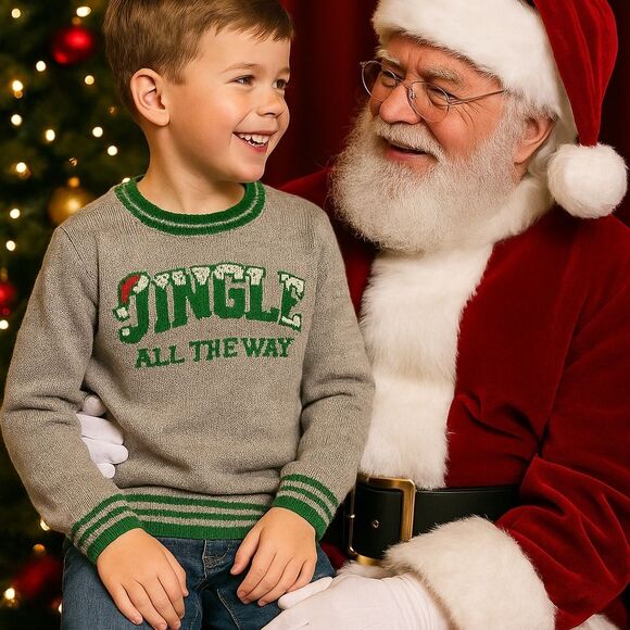 Holiday Gray Green “Jingle All The Way” Kids Christmas Sweater 6–7 Festive Winte - Picture 1 of 4